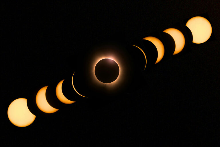 The process of a solar eclipse with a total eclipse in the center.